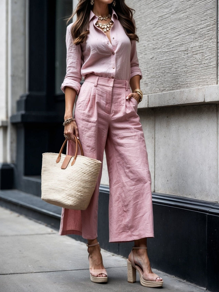 Charlize | Women's Collared Shirt Top and Pants Two-Piece Set in Pink