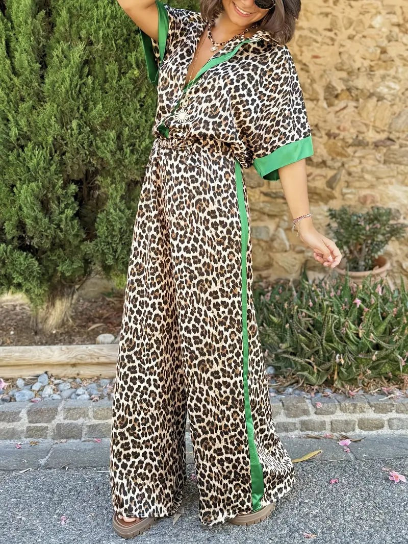 Chasca | Women's Collared top and Pants Two-Piece Set in Green