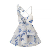 Cherith | Women's Asymmetric Ruffle Maxi Dress in Blue