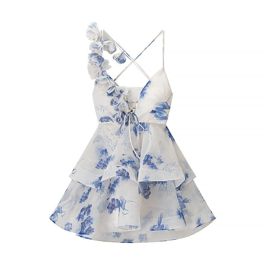 Cherith | Women's Asymmetric Ruffle Maxi Dress in Blue