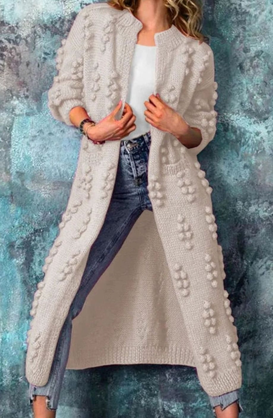 Cheryl | Women's Long Open-Front Pom-Pom Knitted Cardigan Sweater in Beige