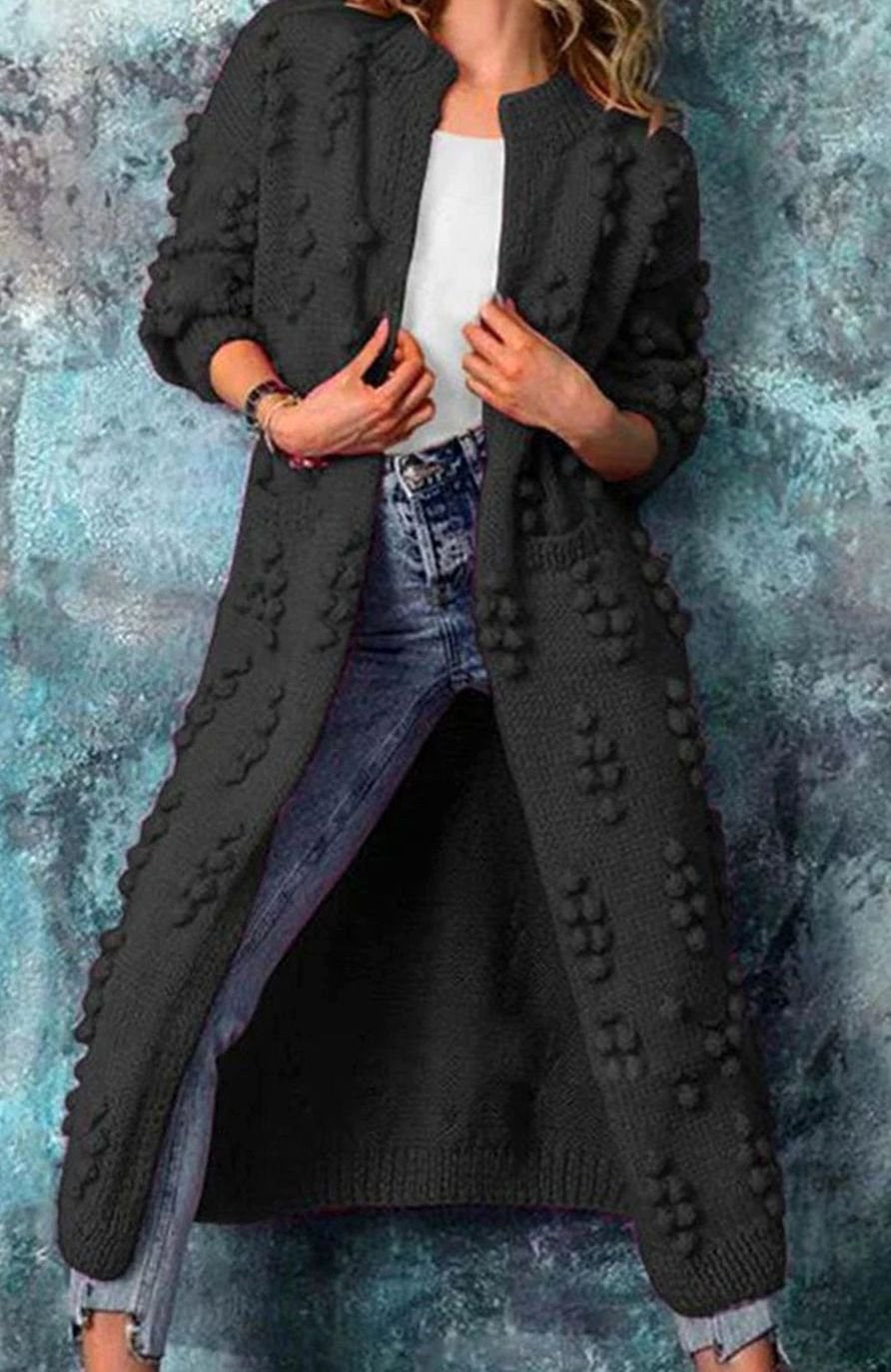 Cheryl | Women's Long Open-Front Pom-Pom Knitted Cardigan Sweater in Black