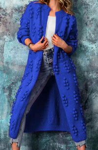 Cheryl | Women's Long Open-Front Pom-Pom Knitted Cardigan Sweater in Blue