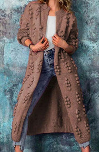 Cheryl | Women's Long Open-Front Pom-Pom Knitted Cardigan Sweater in Brown