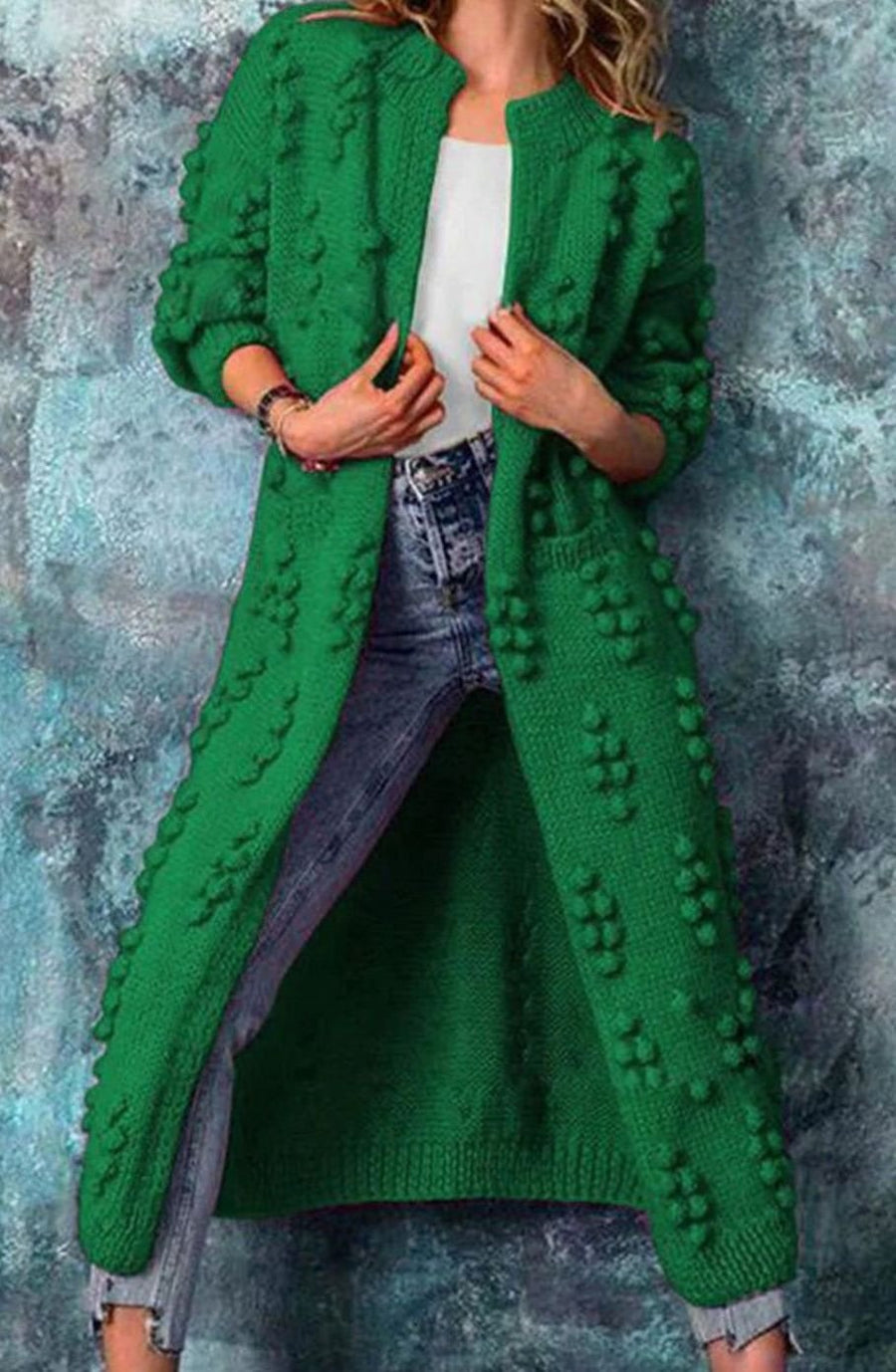 Cheryl | Women's Long Open-Front Pom-Pom Knitted Cardigan Sweater in Green