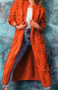 Cheryl | Women's Long Open-Front Pom-Pom Knitted Cardigan Sweater in Orange