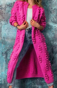 Cheryl | Women's Long Open-Front Pom-Pom Knitted Cardigan Sweater in Pink