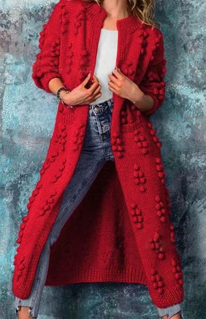 Cheryl | Women's Long Open-Front Pom-Pom Knitted Cardigan Sweater in Red