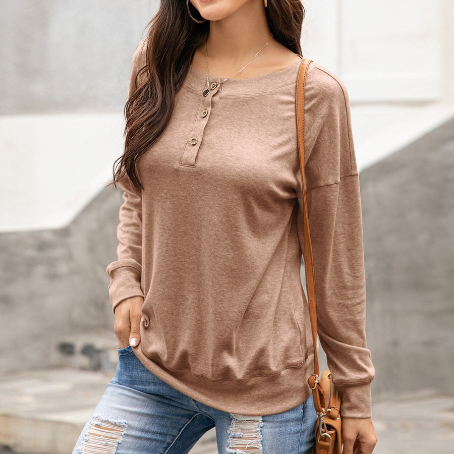 Chloelia | Women's Crew Neck Button-Front Long Sleeve Shirt in Khaki