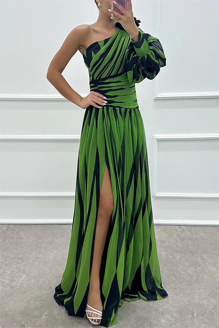 Chloris | Women's Striped Maxi One Shoulder Slit Dress