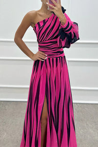 Chloris | Women's Striped Maxi One Shoulder Slit Dress
