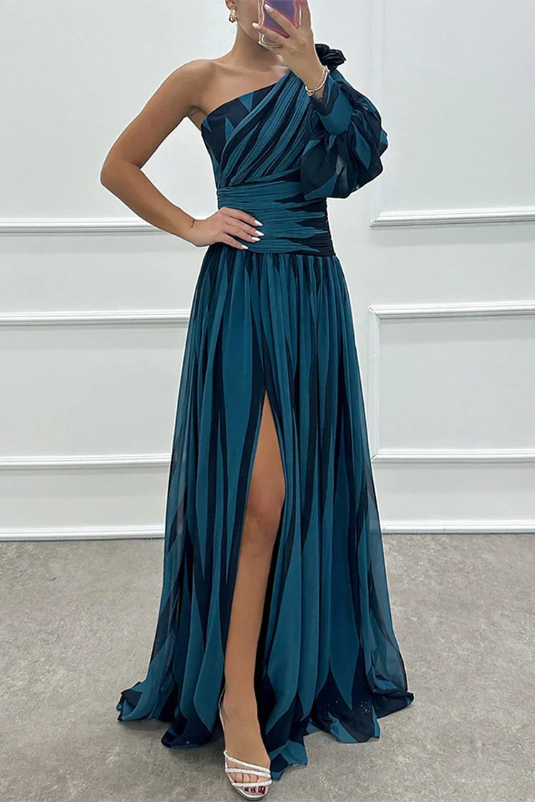 Chloris | Women's Striped Maxi One Shoulder Slit Dress