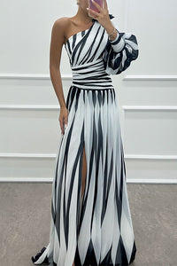 Chloris | Women's Striped Maxi One Shoulder Slit Dress