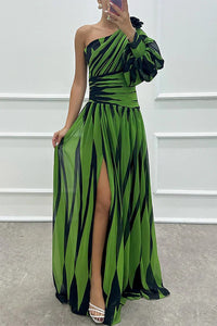 Chloris | Women's Striped Maxi One Shoulder Slit Dress in Green