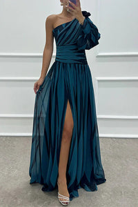 Chloris | Women's Striped Maxi One Shoulder Slit Dress in Navy Blue