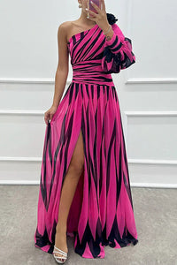 Chloris | Women's Striped Maxi One Shoulder Slit Dress in Red