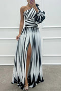 Chloris | Women's Striped Maxi One Shoulder Slit Dress