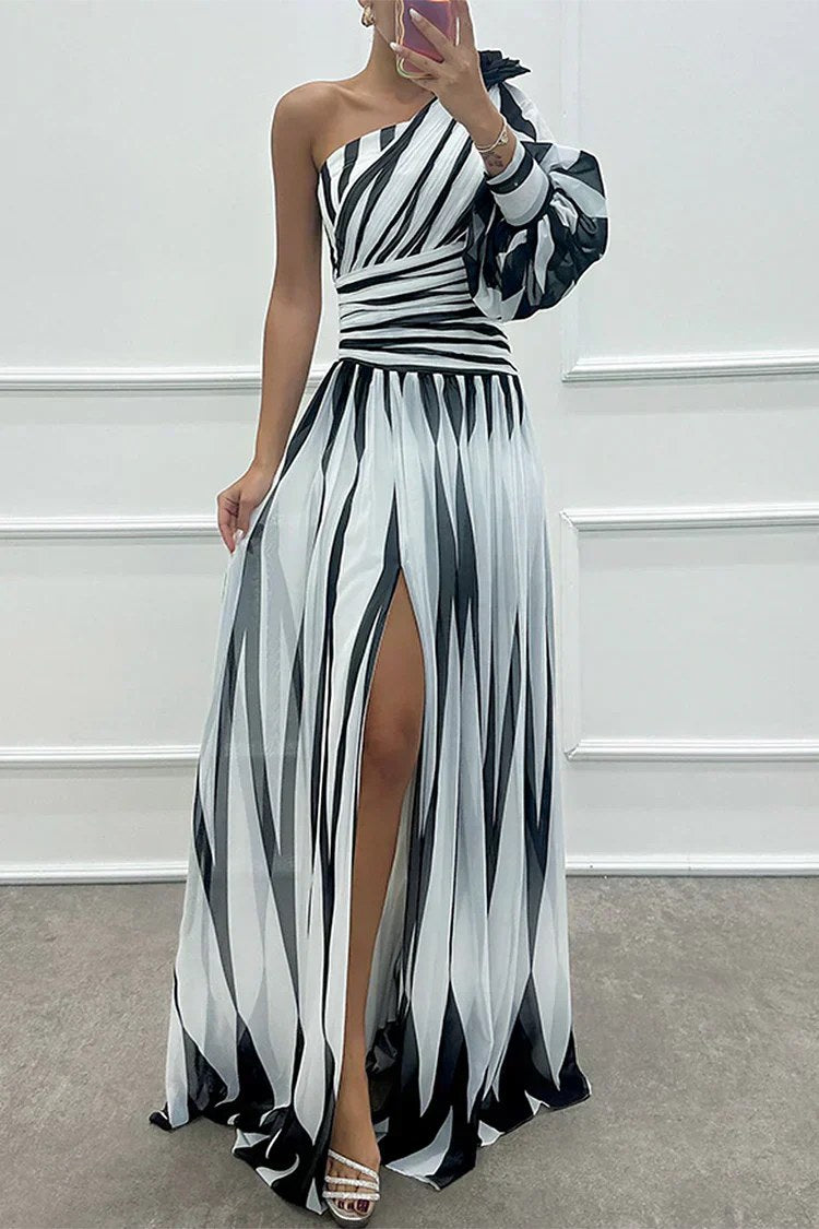 Chloris | Women's Striped Maxi One Shoulder Slit Dress in White