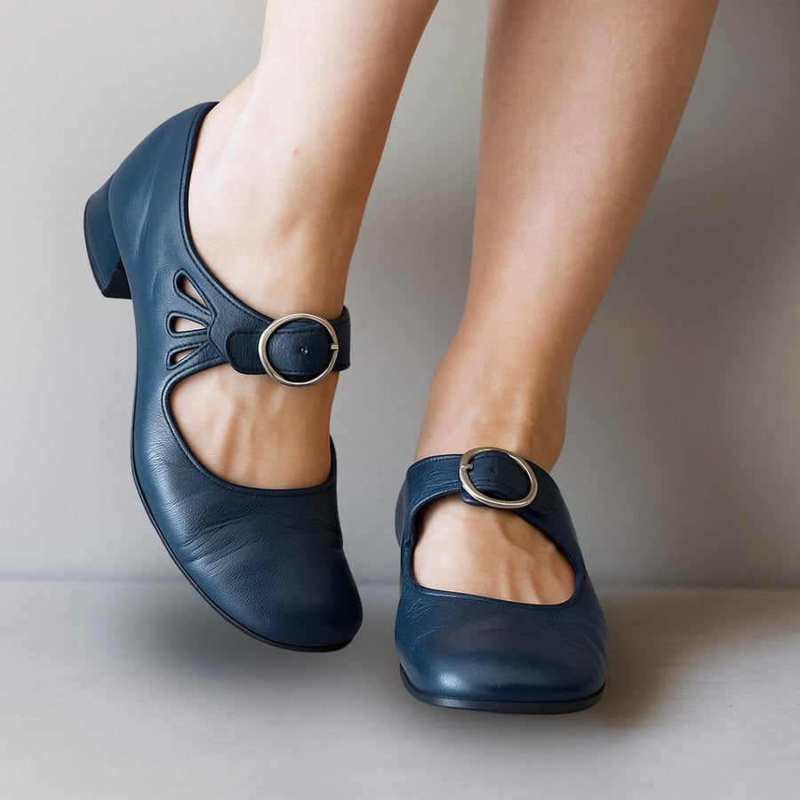 Christabel | Women's Buckle Strap Block Heel Mary Jane Shoes in Blue