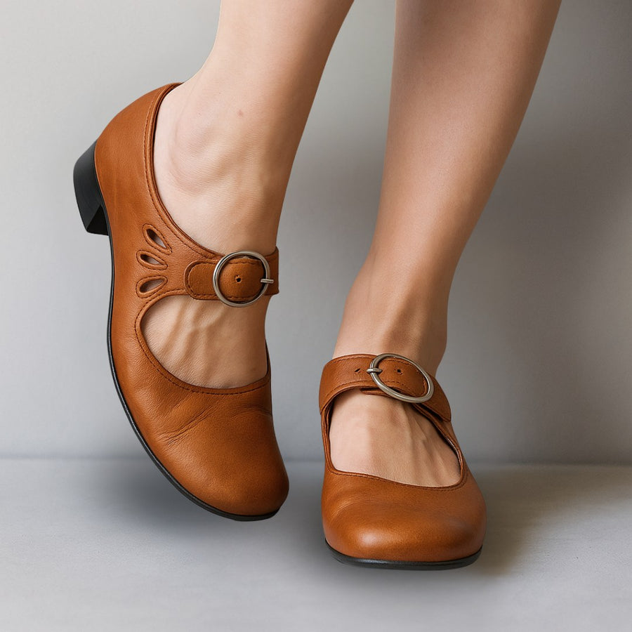 Christabel | Women's Buckle Strap Block Heel Mary Jane Shoes in Brown