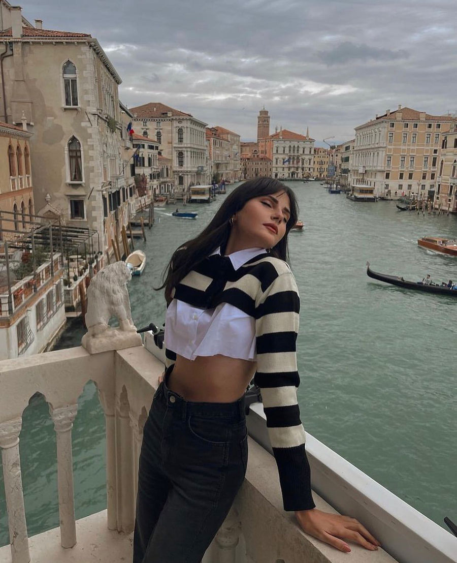 Cicely | Women's Striped Crop Top in Black White