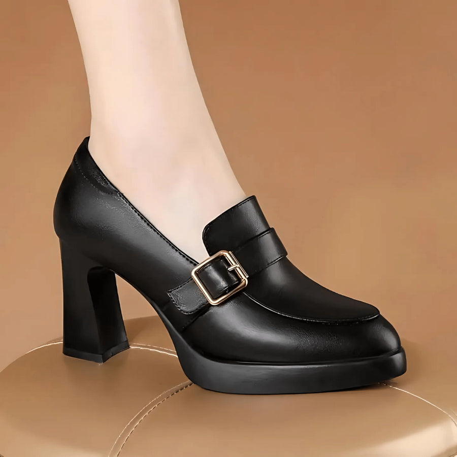 Cicely | Women's Buckle Strap Detail Block Heel Mary Jane Shoes in Black