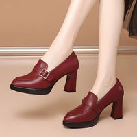 Cicely | Women's Buckle Strap Detail Block Heel Mary Jane Shoes in Red