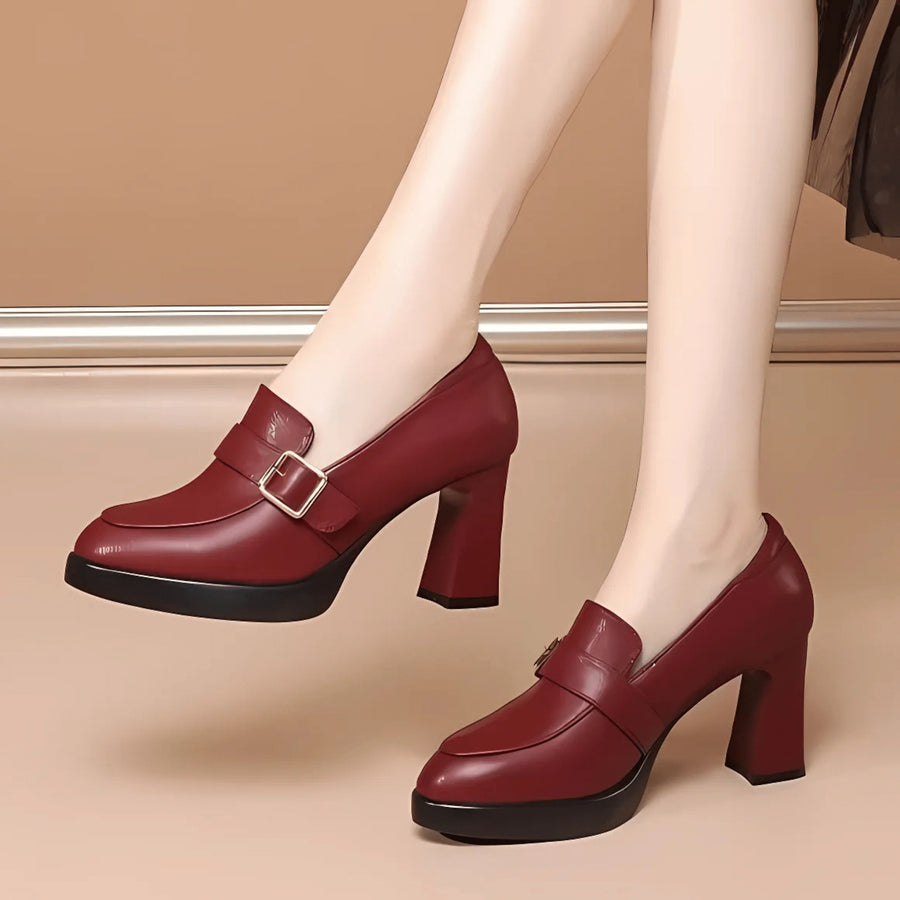Cicely | Women's Buckle Strap Detail Block Heel Mary Jane Shoes in Red