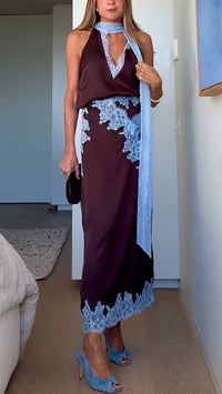 Cilicia | Women's Halter with Scarf and Skirt Two-Piece Set in Brown