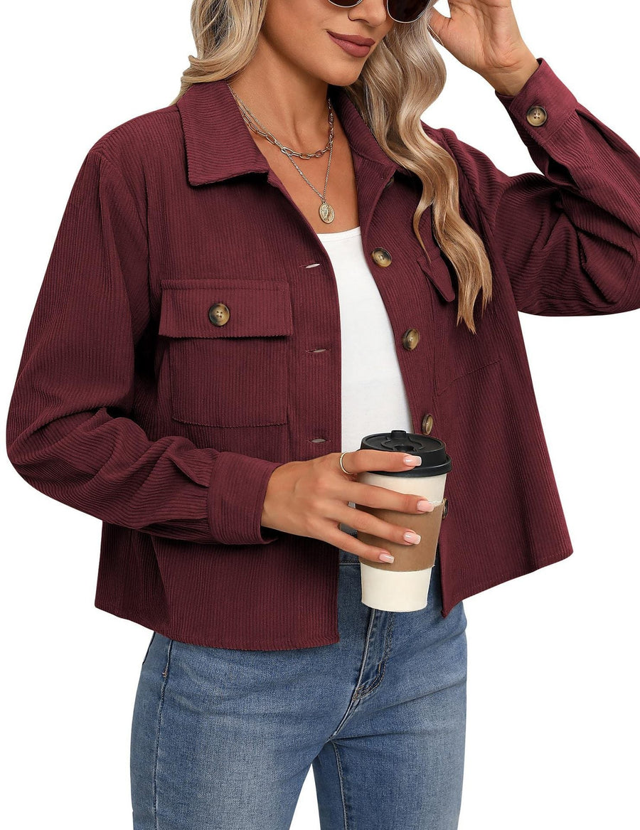 Claire | Women's Pockets Corduroy Jacket in Burg Er Red