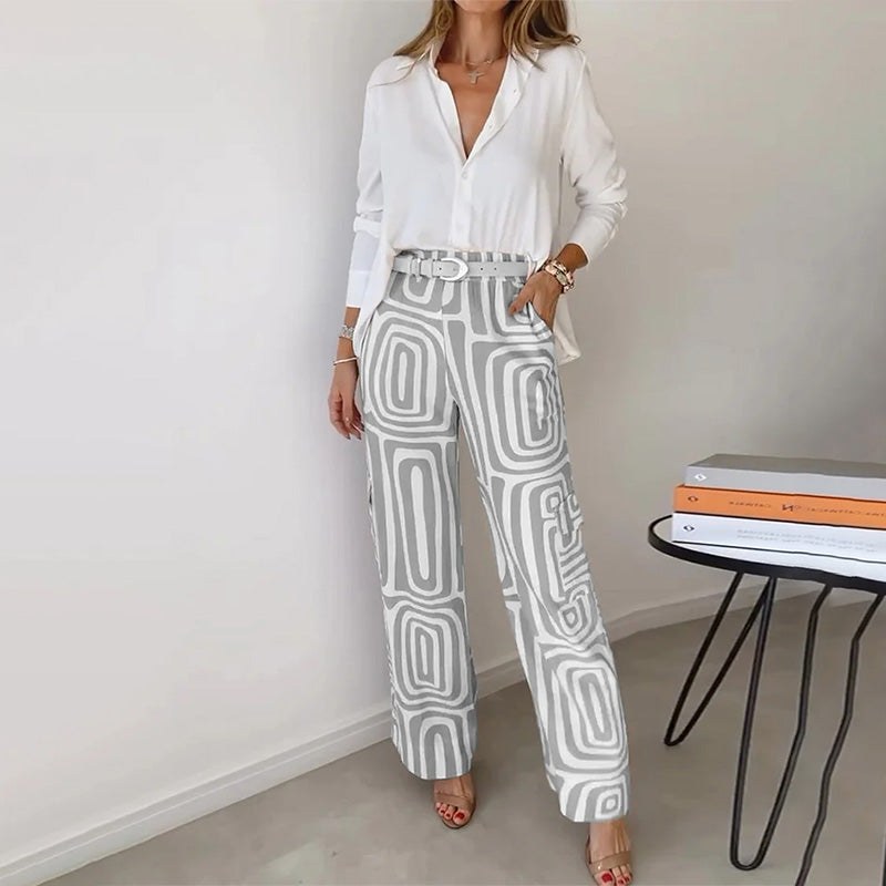 Clarimond | Women's Long-sleeve Shirt and Matching Pants Two-Piece Set in Gray