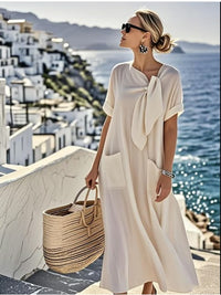 Clarissa | Women's Tie Neck Feature Maxi Dress in Beige