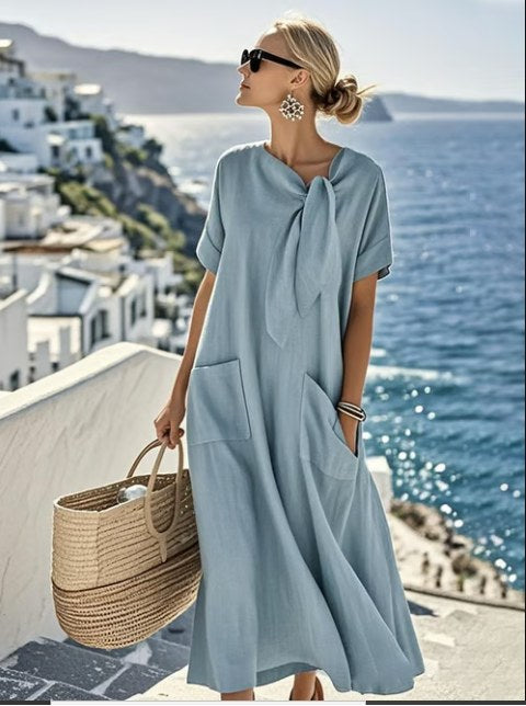 Clarissa | Women's Tie Neck Feature Maxi Dress in Blue