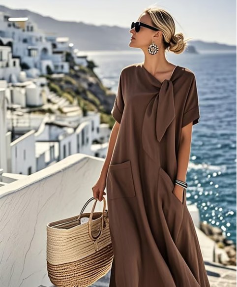 Clarissa | Women's Tie Neck Feature Maxi Dress in Brown