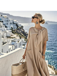 Clarissa | Women's Tie Neck Feature Maxi Dress in Khaki