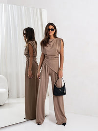 Claudette | Women's Asymmetric Wide Leg Elegant Jumpsuit in Khaki