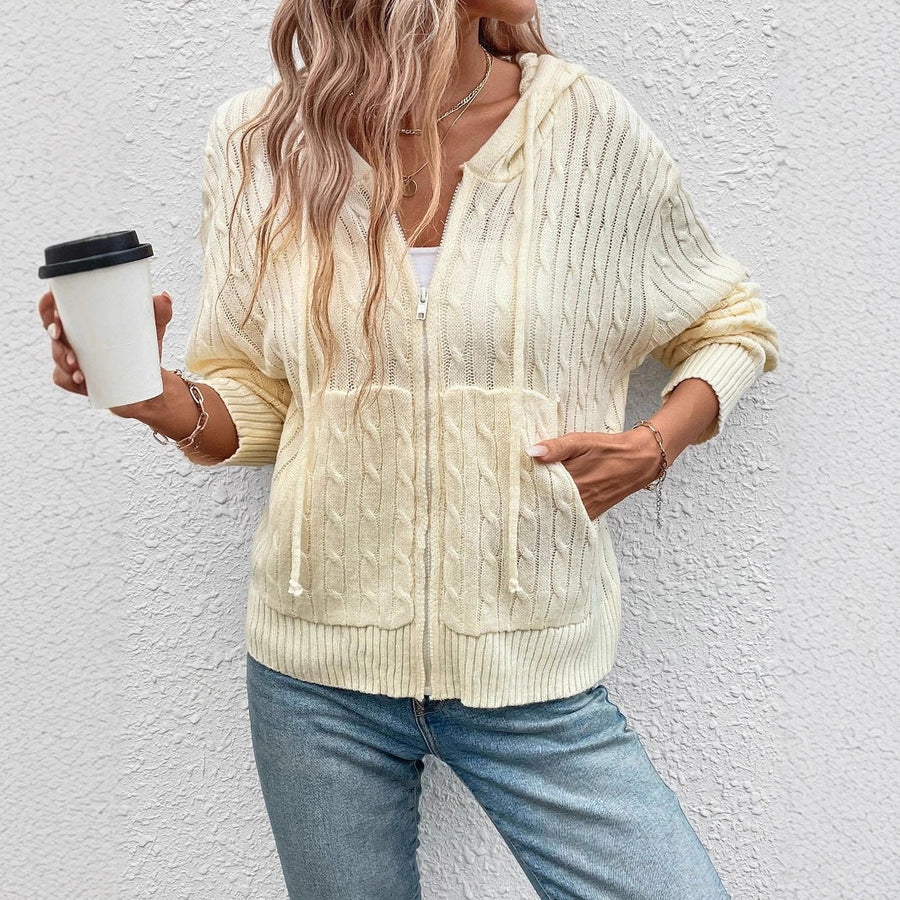 Claudiana | Women's Zip Hooded Knit Cardigan in Apricot