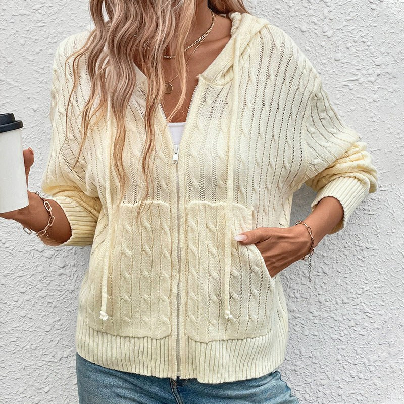 Claudiana | Women's Zip Hooded Knit Cardigan in Apricot