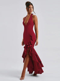 Clementine | Women's Ruffle Detail V-Neck Elegant Evening Dress in Black