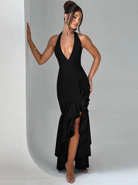 Clementine | Women's Ruffle Detail V-Neck Elegant Evening Dress in Black