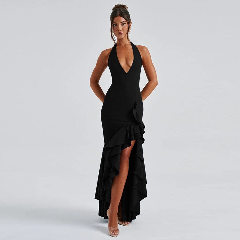 Clementine | Women's Ruffle Detail V-Neck Elegant Evening Dress in Black
