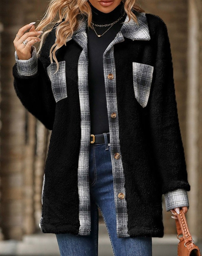 Clementine | Women's Plaid Fleece Jacket in Black