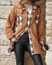 Clementine | Women's Plaid Fleece Jacket in Camel