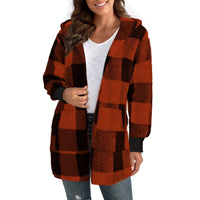 Clio | Women's Plaid Hooded Fleece Jacket in Bordeaux Red