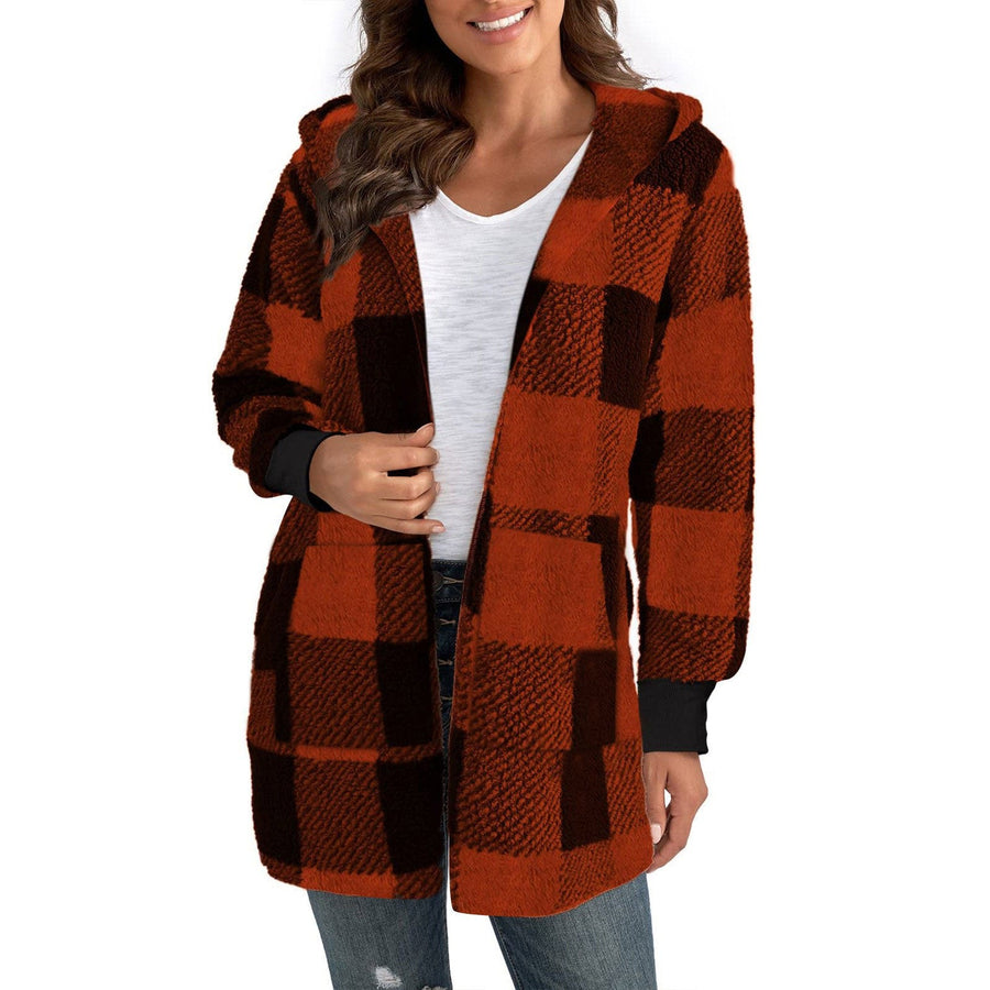 Clio | Women's Plaid Hooded Fleece Jacket in Bordeaux Red