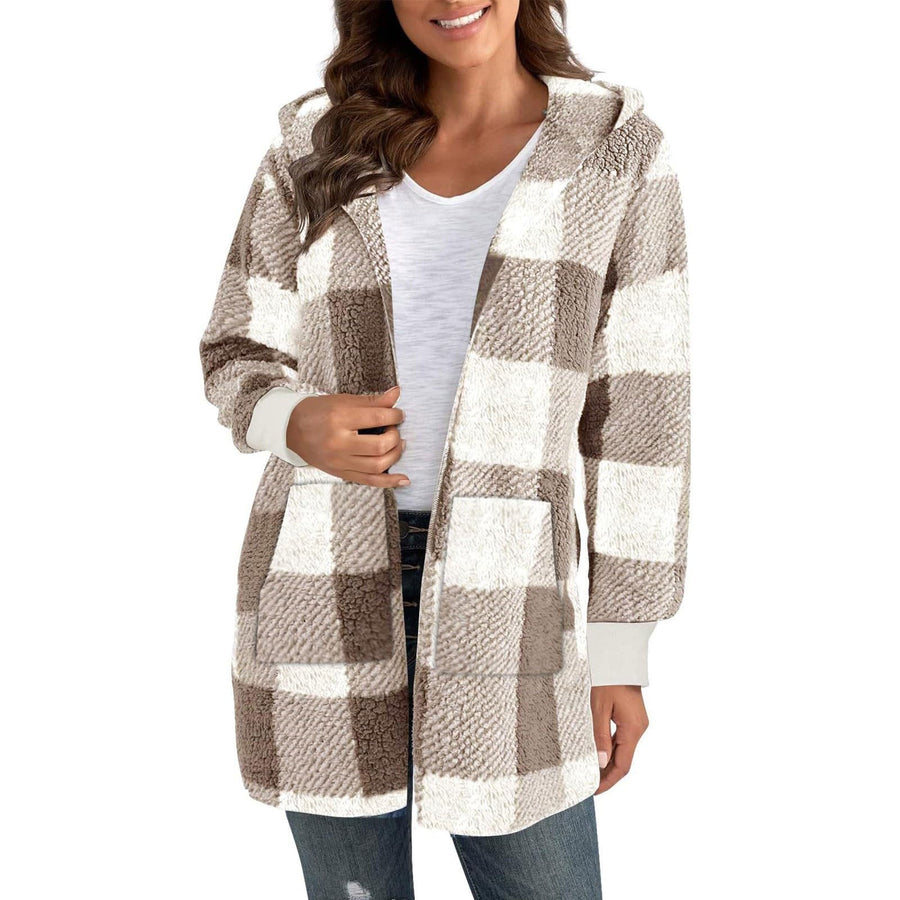 Clio | Women's Plaid Hooded Fleece Jacket in Khaki