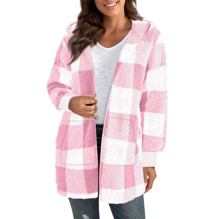Clio | Women's Plaid Hooded Fleece Jacket in Pink