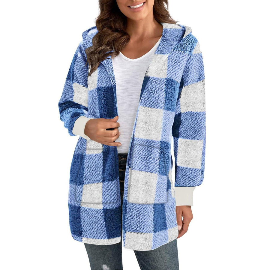 Clio | Women's Plaid Hooded Fleece Jacket in Sky Blue
