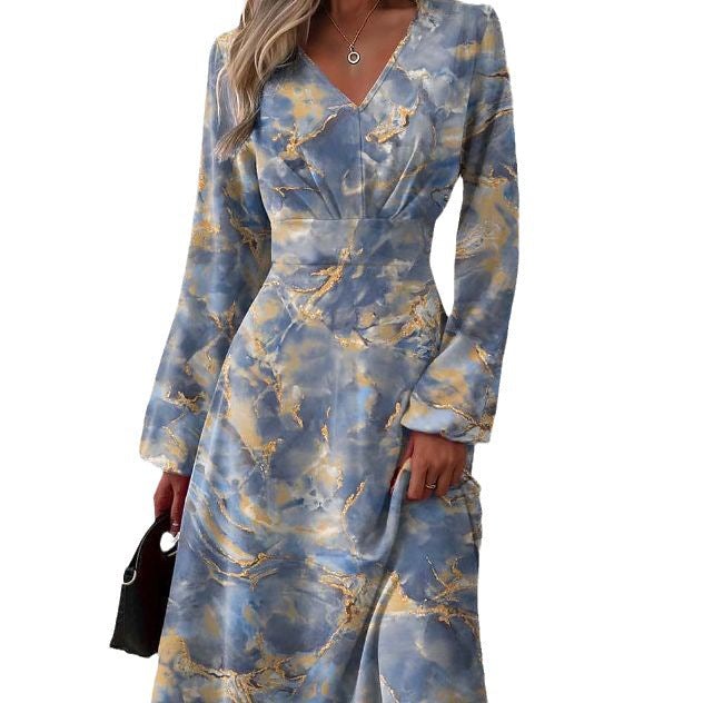 Clio | Women's V-Neck Long Sleeve Floral Elegant Dress in Schiefer Gray