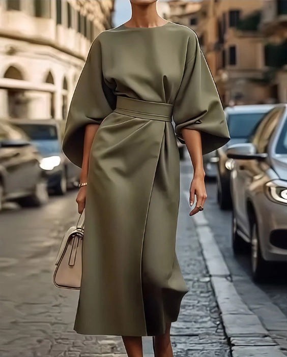 Clodagh | Women's Puff Sleeve Tailored Belted Elegant Maxi Dress in Olive Green